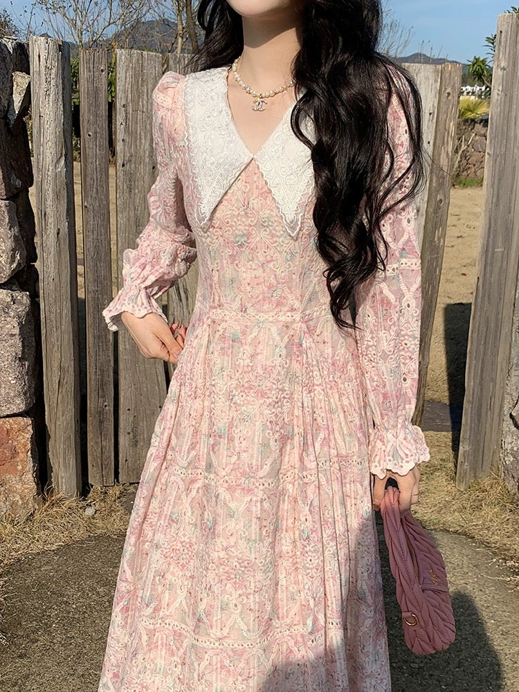 New product No. 4 French first love tea break dress seaside resort style age-reducing doll collar pink lace dress for women spring