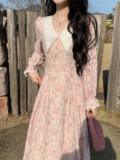 New product No. 4 French first love tea break dress seaside resort style age-reducing doll collar pink lace dress for women spring