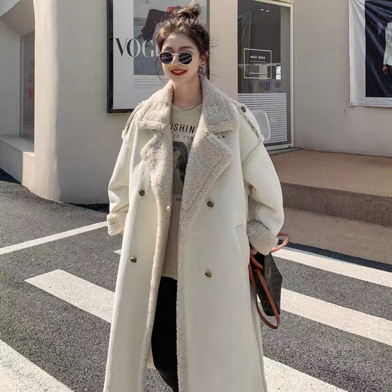 2023 new winter lamb wool coat women's fur all-in-one coat mid-length high-end loose thickened cotton coat