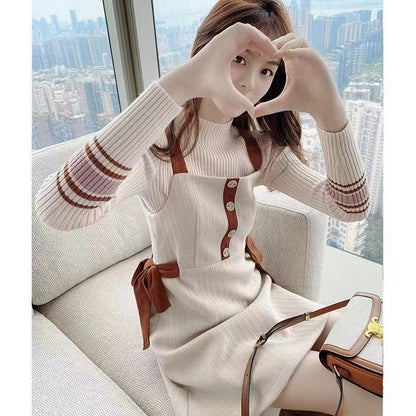 Knitted woolen suit women's two-piece suit 2023 autumn and winter new fashion fashion waist slimming suspender skirt long-sleeved dress (B1417)