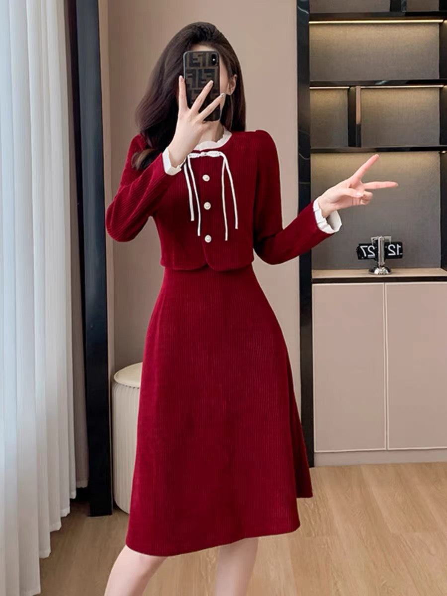French rich and noble two-piece dress autumn and winter women's new red new Chinese style tassel buckle suit skirt