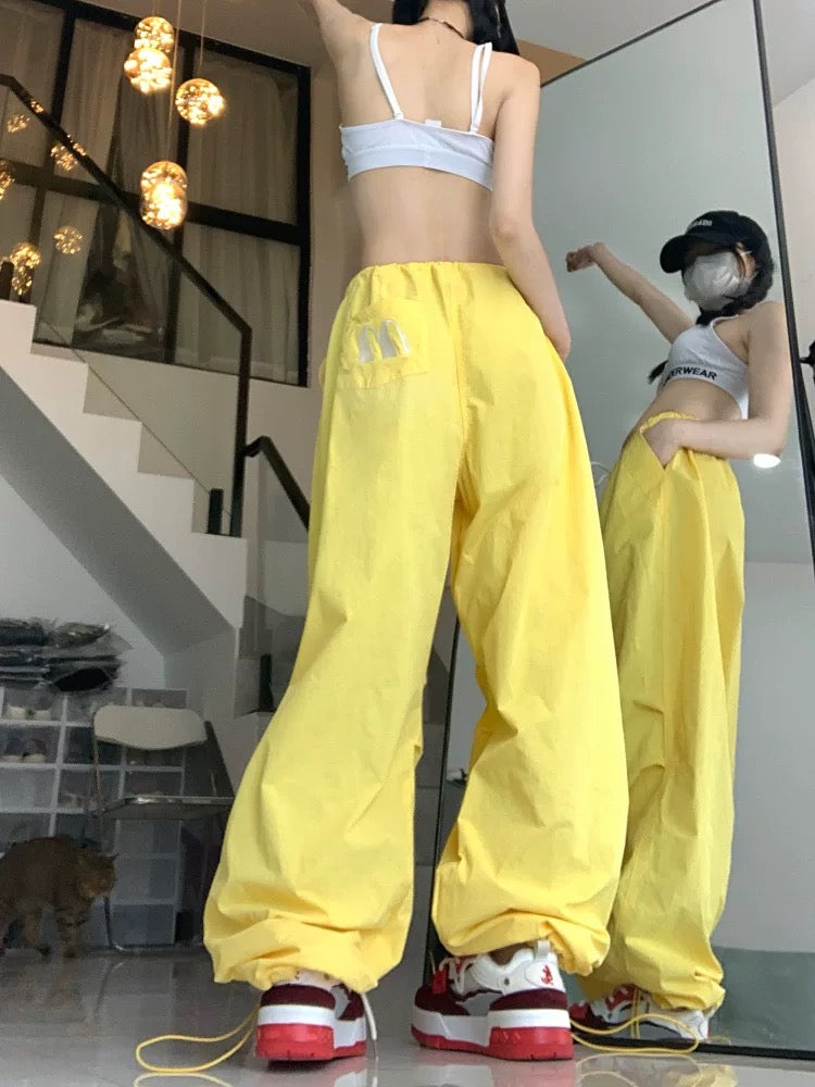 American street high-waist casual pants for women summer loose straight trousers niche embroidered leg wide leg pants ins