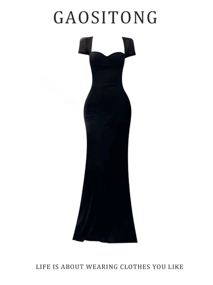 GAOSITONG Hepburn-style square-neck dress with mesh splicing—a slim-fitting, figure-flattering fishtail dress for women (Summer 2026).