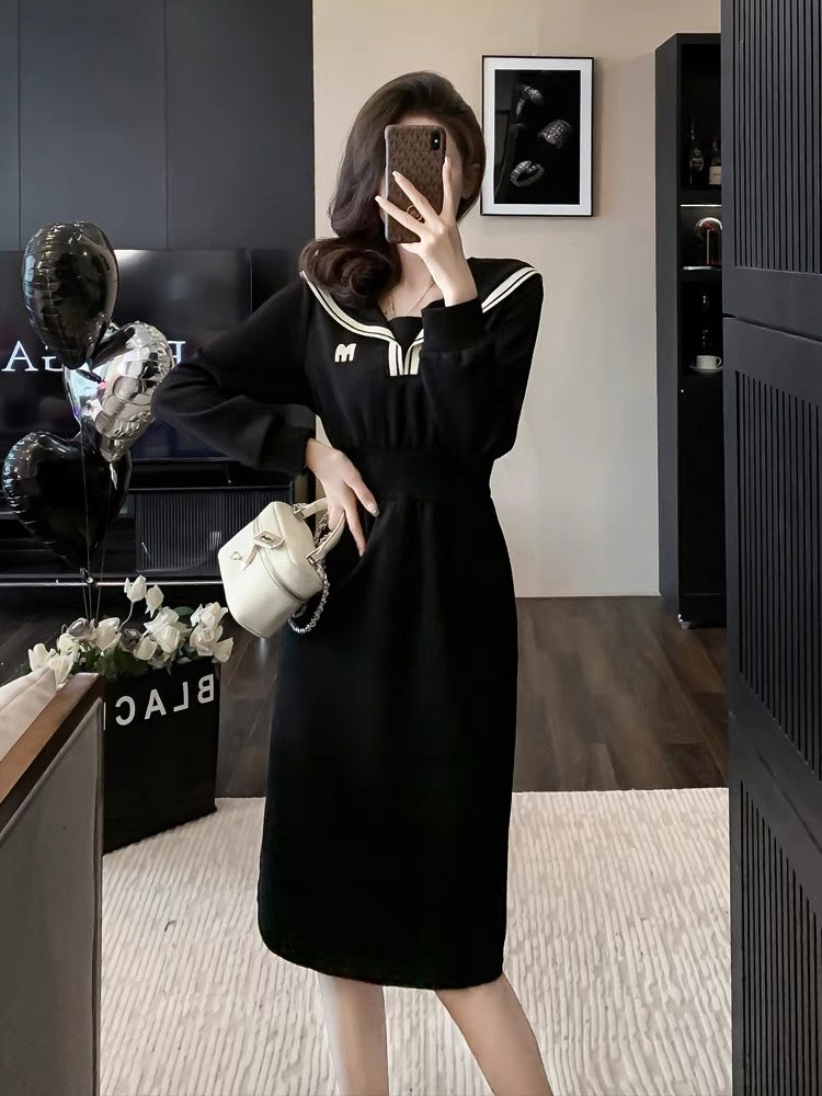 2023 autumn and winter waist-slimming, slimming black long-sleeved age-reducing navy collar sweatshirt dress retro little black skirt dress