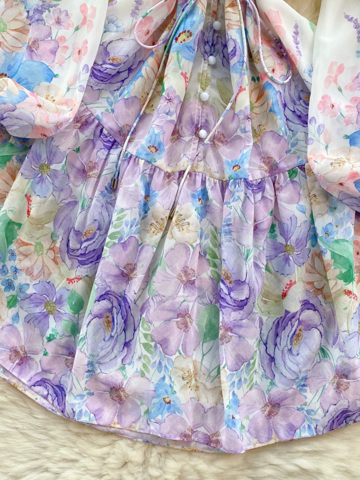 French dress spring women's sweet fungus collar buttoned slim short printed age-reducing puff sleeve holiday dress
