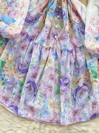 French dress spring women's sweet fungus collar buttoned slim short printed age-reducing puff sleeve holiday dress