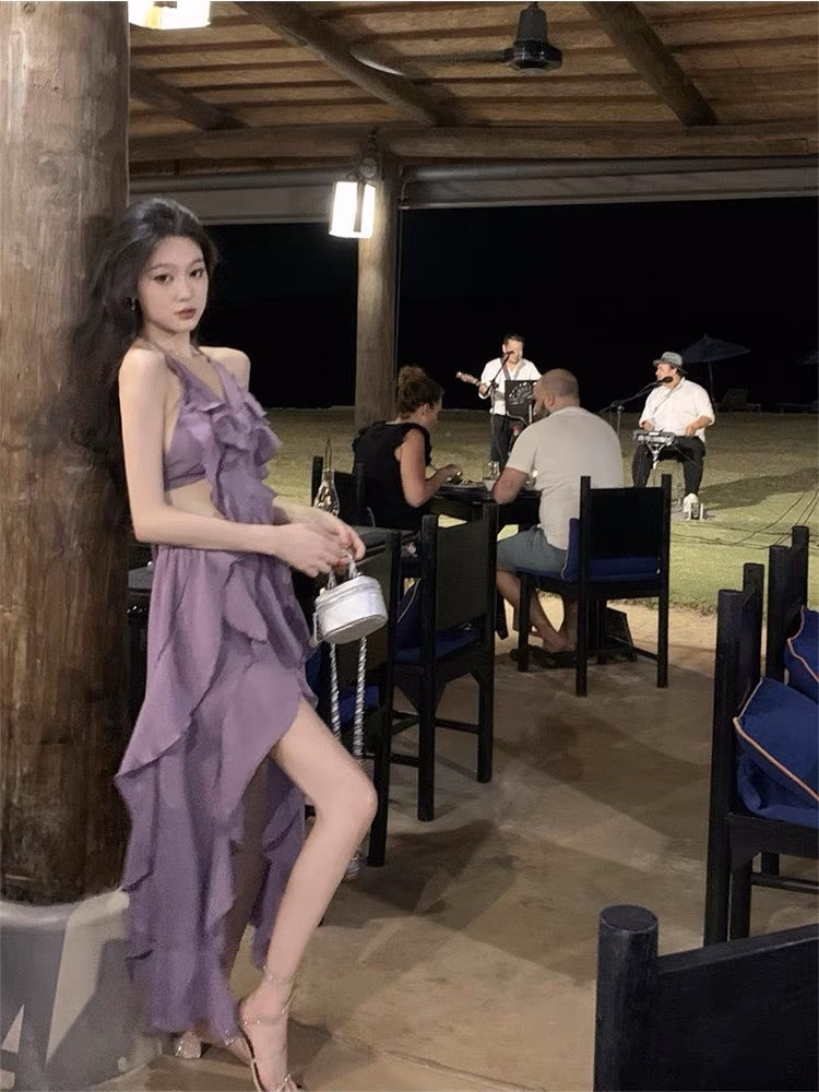 Large size French super fairy purple sling dress female summer ruffled v-neck sexy open back seaside beach dress