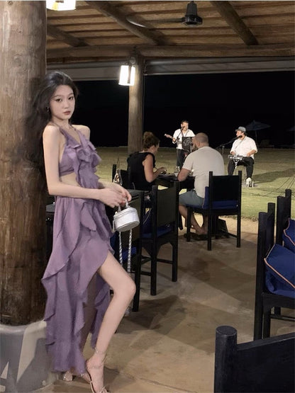 Large size French super fairy purple sling dress female summer ruffled v-neck sexy open back seaside beach dress