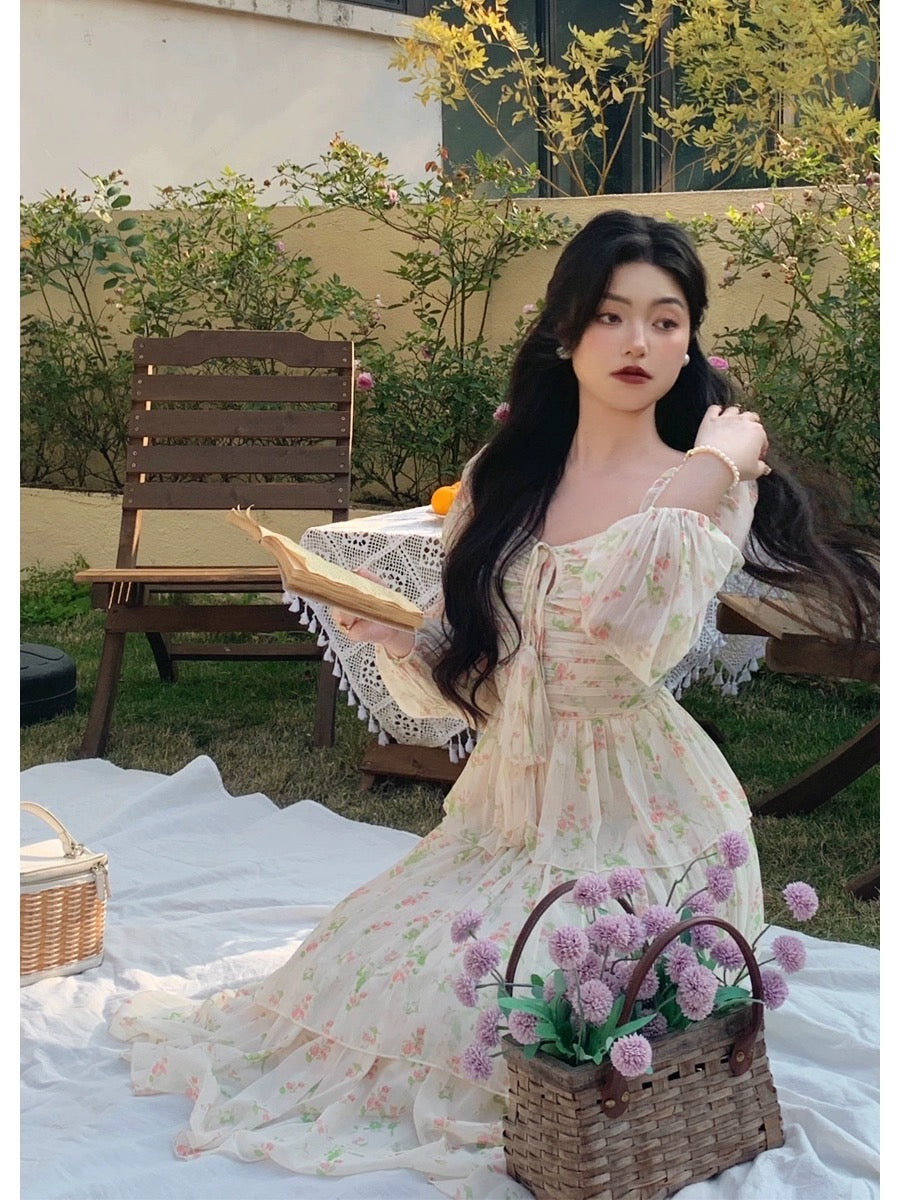 Tang Gongzi's stunning printed dress, slim fit, puff sleeves, French style, chiffon long skirt for seaside vacation