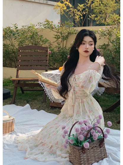 Tang Gongzi's stunning printed dress, slim fit, puff sleeves, French style, chiffon long skirt for seaside vacation