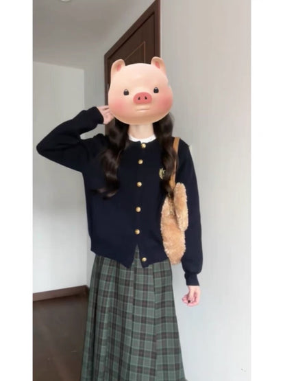 Korean girls' high school style set of knitted cardigan plaid skirt two-piece suit slim temperament autumn and winter