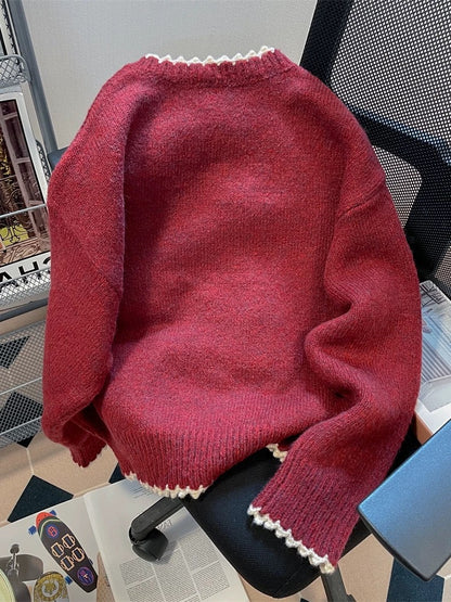 Design sense niche cute rabbit zodiac year Christmas red sweater men and women autumn and winter sweet wood ear edge knitted top