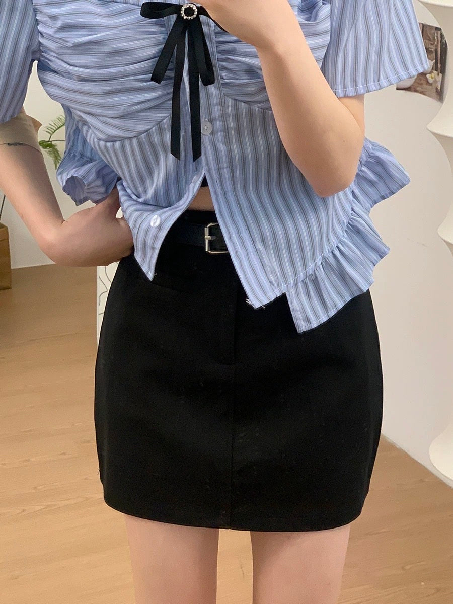 RENA with belt American girl college style high waist slim and small summer A-line anti-lost suit skirt
