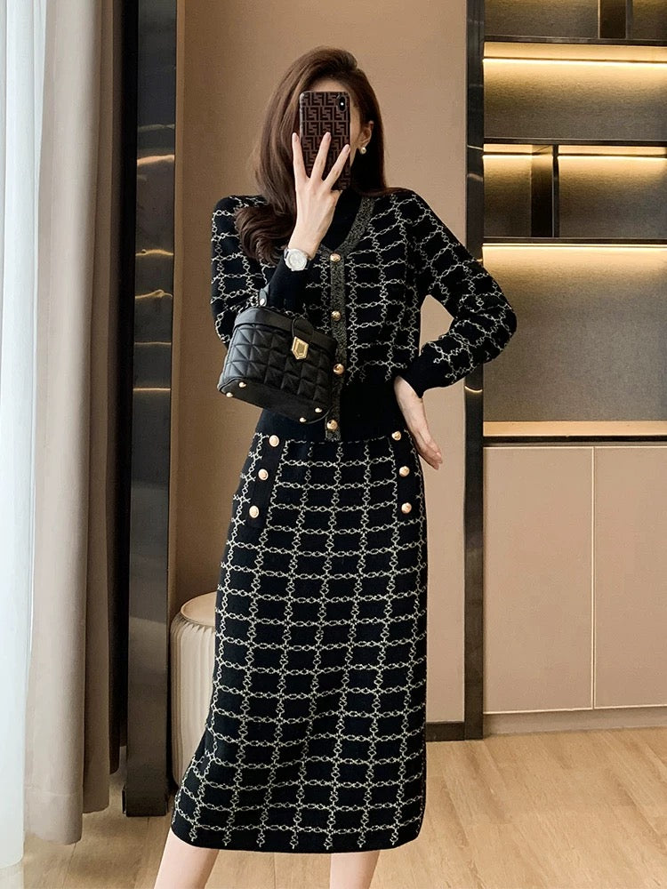 2023 autumn and winter new style French style knitted two-piece suit for women, slim fit, stylish and hip-hugging suit skirt