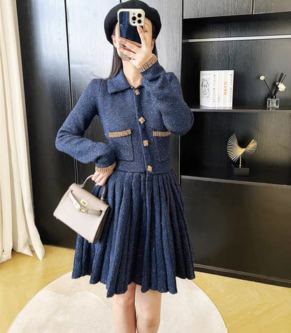 Autumn French retro sequin gold buckle diamond pleated slim-fitting small fragrant knitted dress bottoming slim sweater skirt D9199