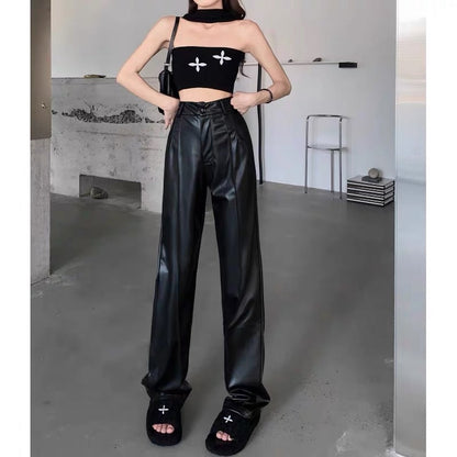 Summer high waist thin straight loose casual leather pants women's drape black wide-leg pants design sense niche long pants
