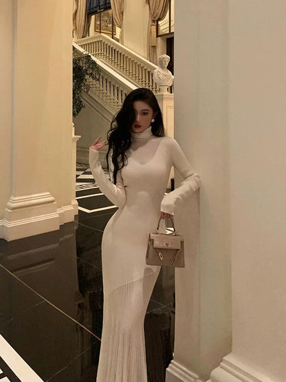 Godfrey French knitted dress for women 2023 autumn and winter new style niche splicing temperament hip-hugging fishtail long skirt