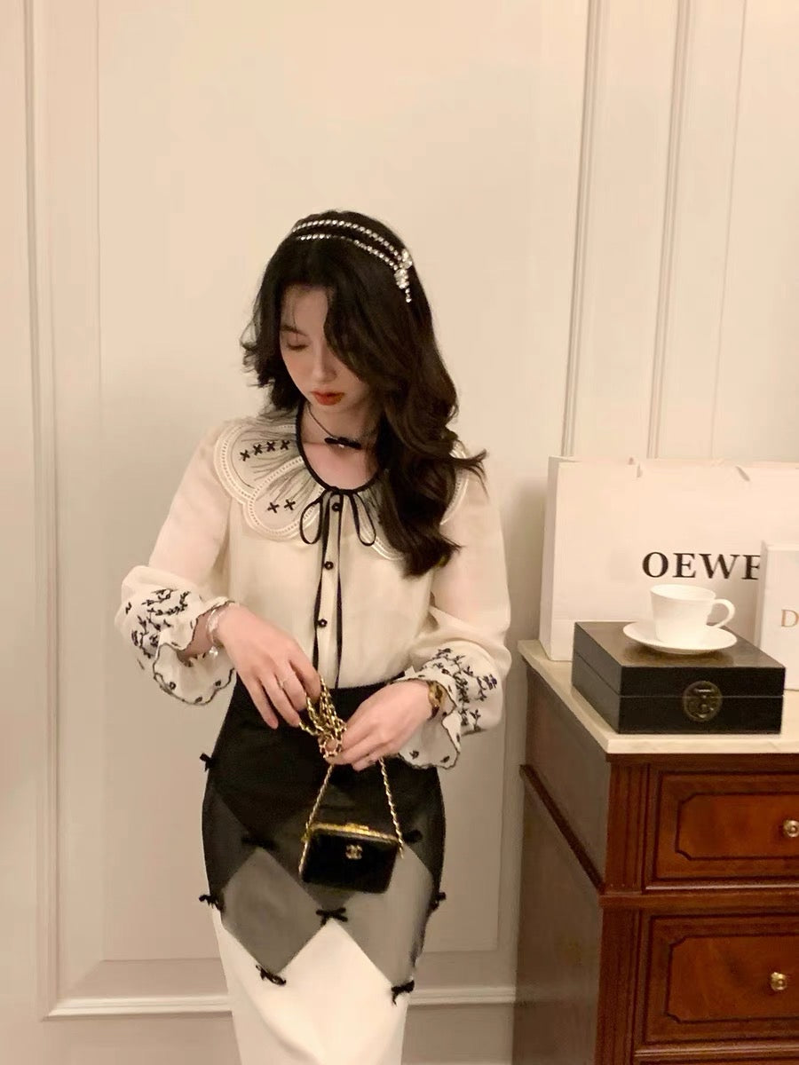 Aunt Lu and Uncle Zhuo French mid-length shirt women's "Mi Shirt" autumn design embroidered top