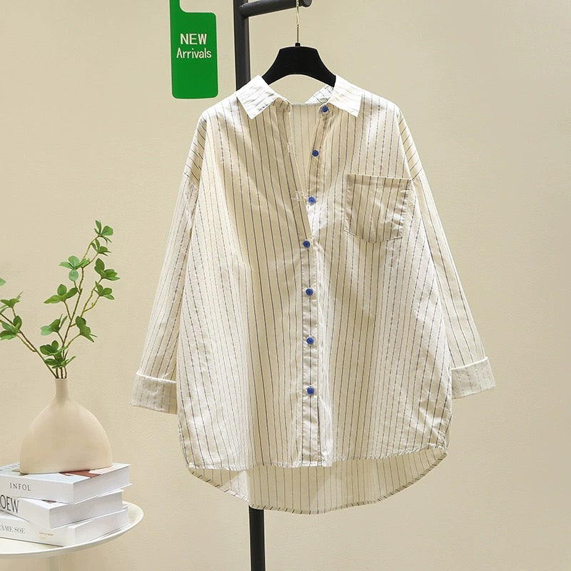 Design sense age-reducing blue striped shirt for women 2024 spring new style literary style loose casual shirt tops