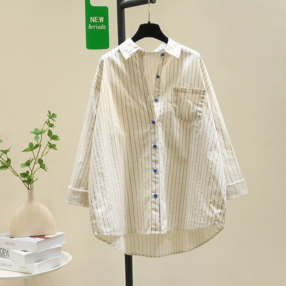 Design sense age-reducing blue striped shirt for women 2024 spring new style literary style loose casual shirt tops