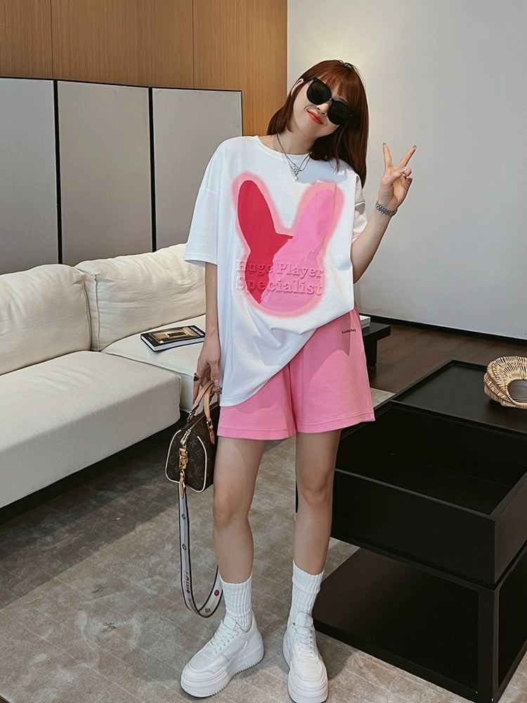 Summer rabbit print white short-sleeved t-shirt pure cotton loose top plus size women's mid-length t-shirt trendy brand
