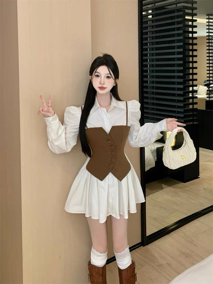 Waist slimming shirt dress autumn long-sleeved suspender splicing fake two-piece skirt women's stunning small skirt advanced A2252