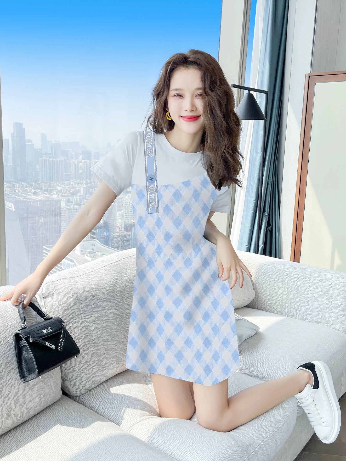 Summer skirt summer women 2024 new fake two-piece women's clothing blue casual slim petite dress summer clothing