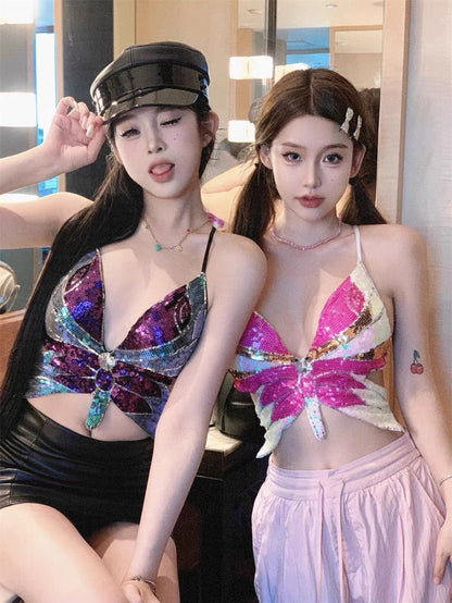 Shiny colorful butterfly sequin camisole women's group summer outerwear pure desire sweet hot girl hanging neck tube top