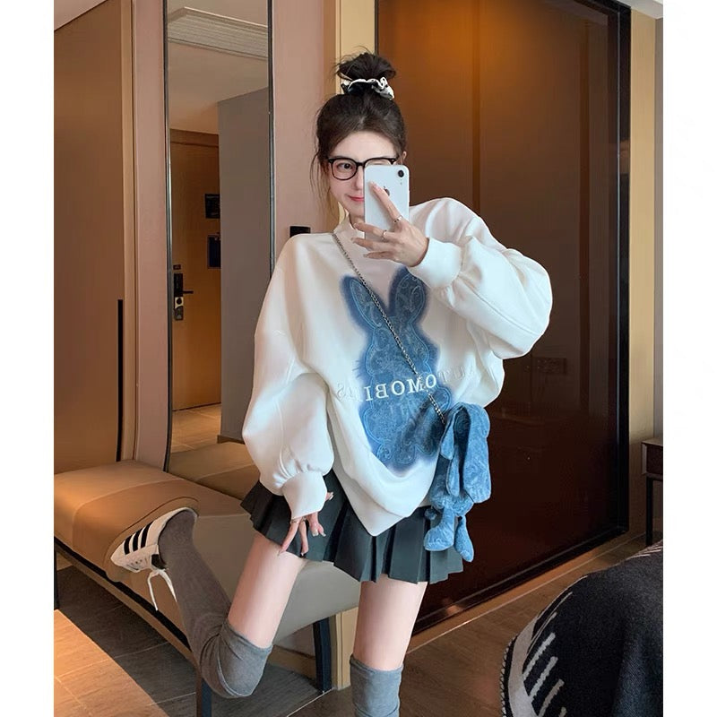 White heavy industry rabbit pullover sweatshirt for women spring and autumn 2023 new loose lazy style oversize round neck top