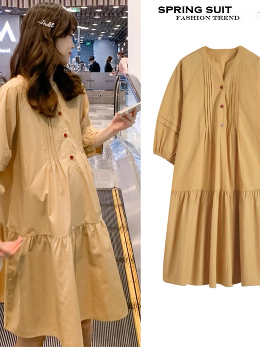 2024 Spring New Maternity Three-quarter Sleeve Dress Fashionable Mid-Length Korean Style A-Line Skirt Trendy Mom Shirt Skirt D790
