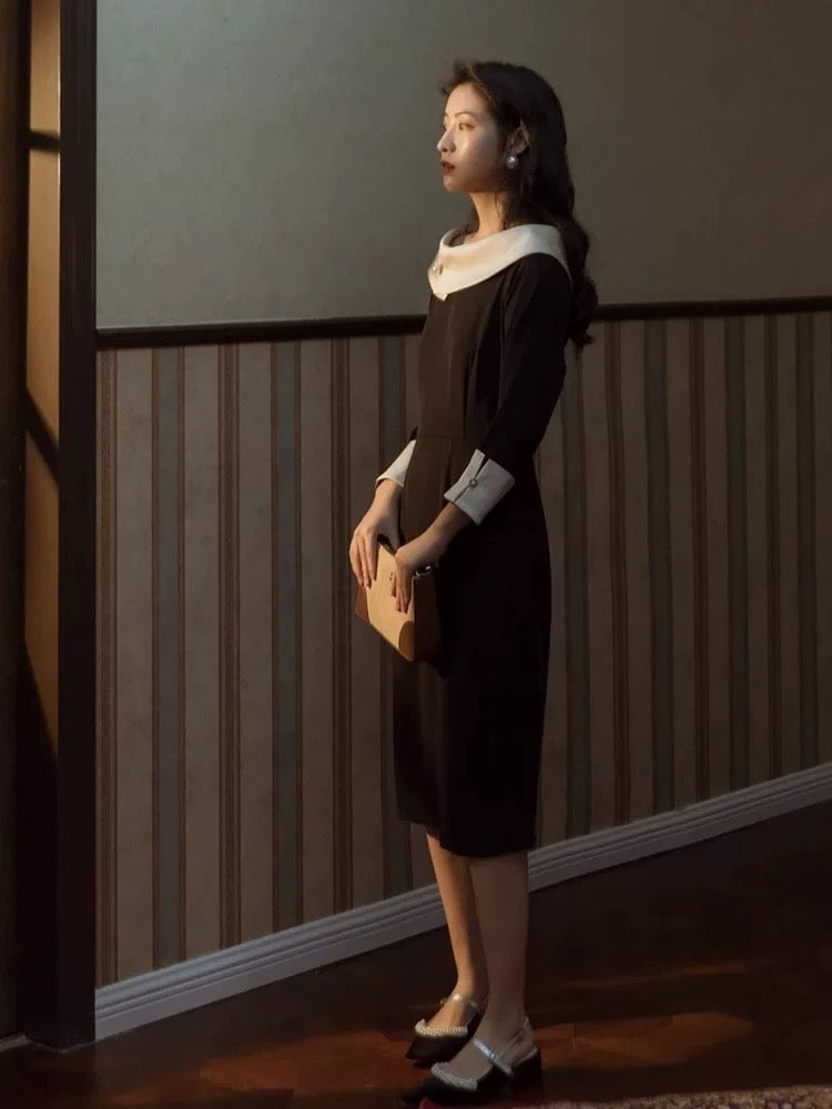 Autumn women's French design niche retro one-line collar black dress Hepburn style little black skirt dress