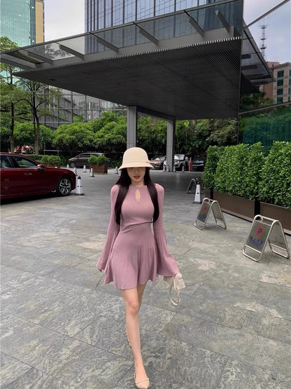 Kumikumi design hollow bell sleeve knitted dress for women in autumn pure desire waist A-line skirt short skirt