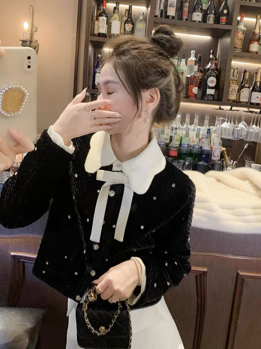 Fish Rabbit's rabbit doll collar coat for women 2023 new winter lady style bow woolen black top