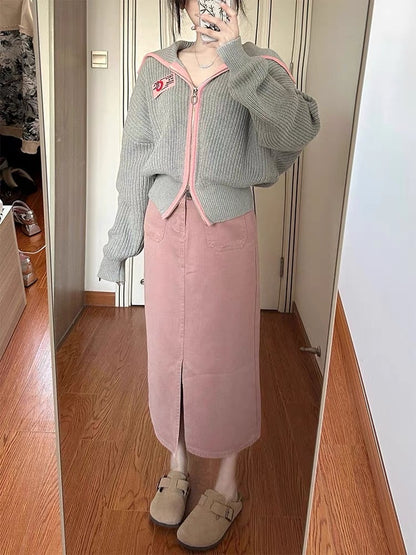Milk fufu sweet wear a whole set of sweater coat large lapel cardigan skirt slimming two-piece suit autumn and winter