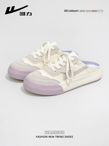 Pull back slip-on canvas shoes for women 2024 spring new versatile lazy toe half slippers breathable casual sneakers