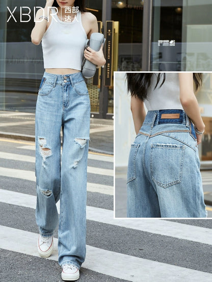 Light blue contrast high waist straight ripped jeans for women loose wide leg 2024 spring new style hip lift design mopping