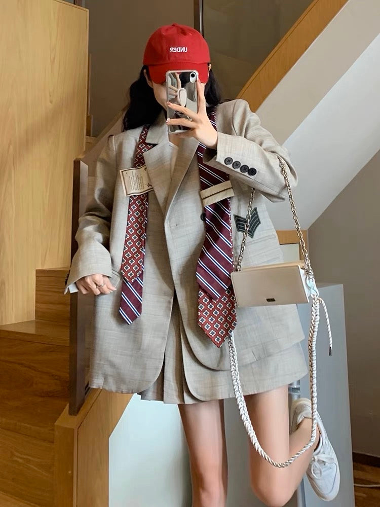 Korean version of the original college style suit suit female spring small man dress British style suit pleated skirt two-piece set