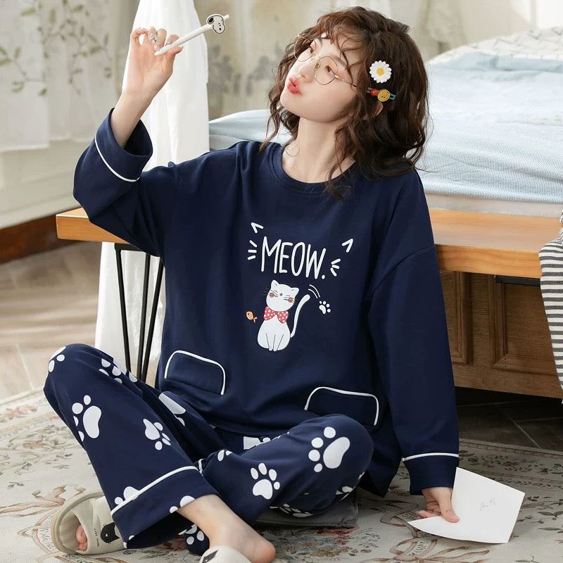 Pajamas for women Spring and Autumn 2024 new long-sleeved cotton large size summer cute autumn and winter home clothes suit