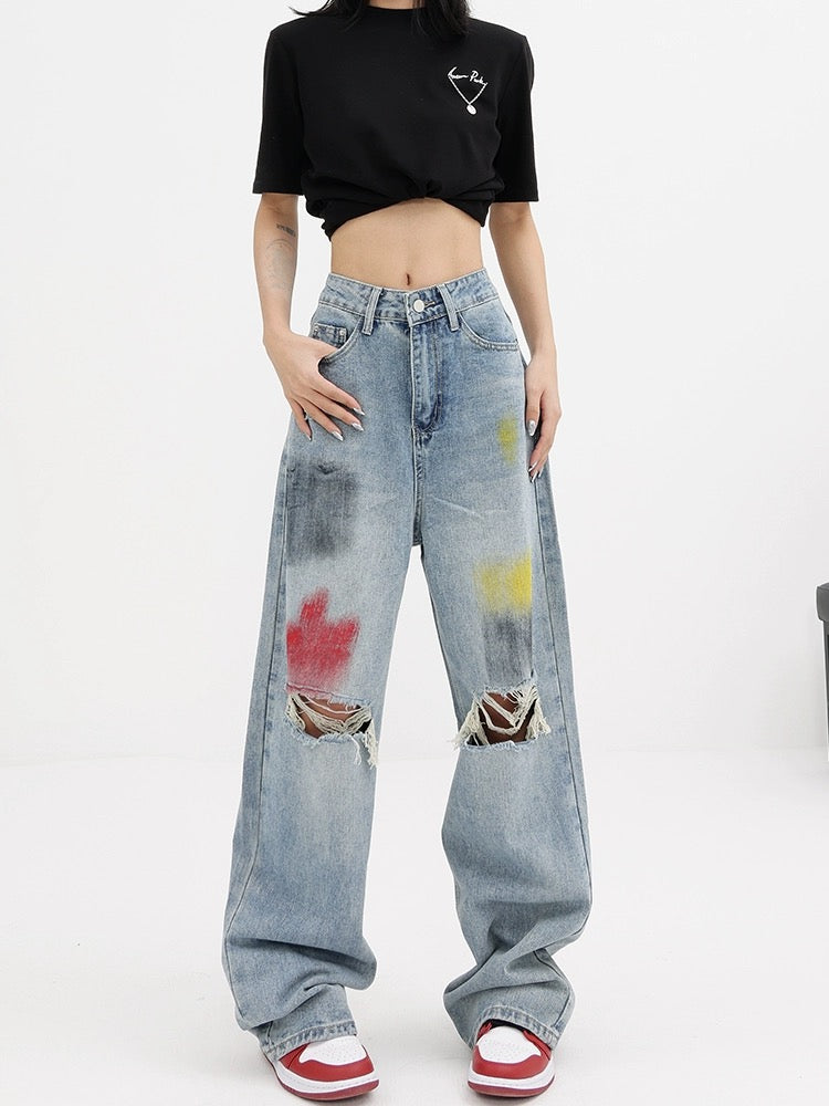 KEN STUDIO summer graffiti blue washed hole jeans women's wide-leg pants floor-length pants straight-leg pants