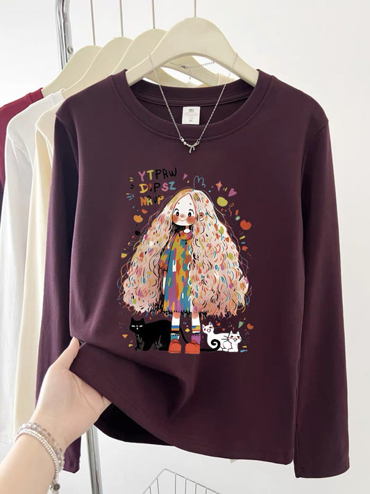 2025 Early Autumn New Style Bottoming Shirt Western Style Straight Shoulder Women's Long Sleeve T-shirt Round Neck College Style Letter Printed Top