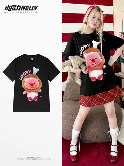 Korean soft cute cartoon cute printed short-sleeved T-shirt for men and women pure cotton casual 2024 new loose round neck top