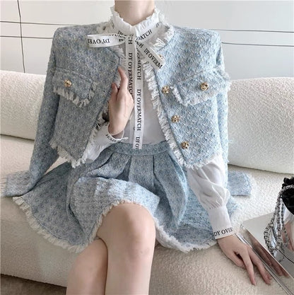 French celebrity temperament autumn and winter with a whole set of women's clothing professional small fragrant wind short coat pleated skirt