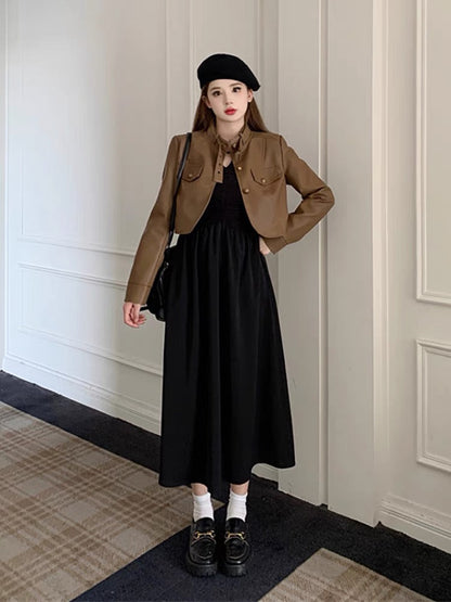 Plus size Hepburn style 2023 autumn two-piece short motorcycle pu leather jacket + waist black dress for women (S0970)