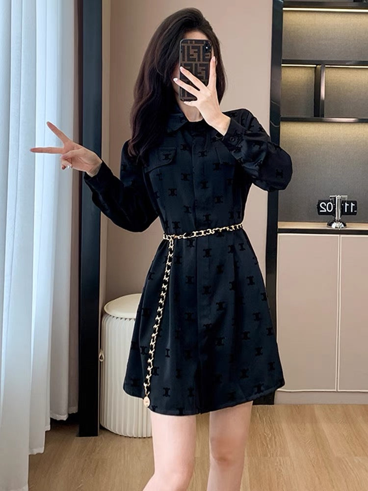 Fashionable and high-end dress 2023 autumn new long-sleeved black printed design mid-length skirt slim fit D5597