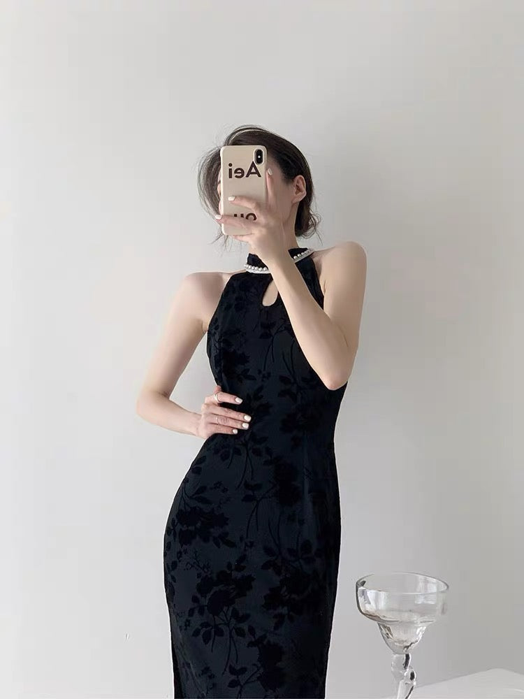 Autumn cheongsam improved long-sleeved dress women's two-piece new French slimming slim temperament fashion suit skirt D9294