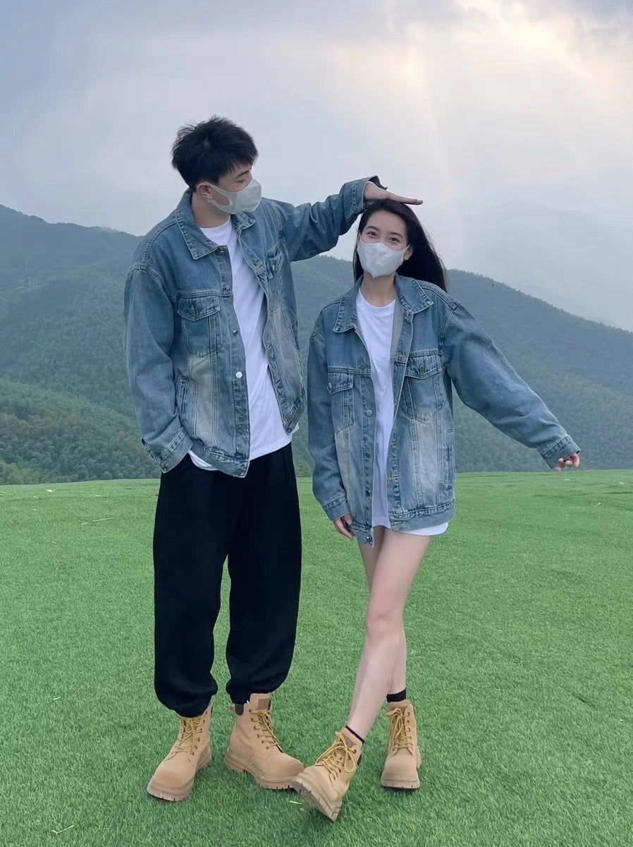 Korean version of retro denim jacket men's autumn trendy brand loose lapel American style high street couple jacket casual tops