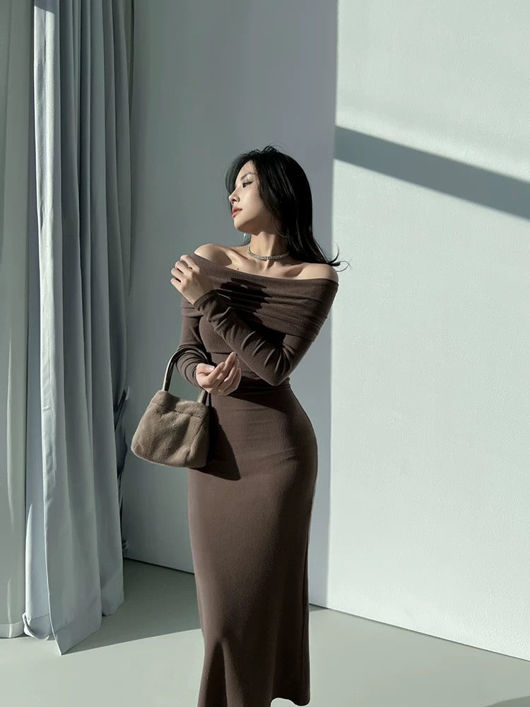 Spring, Autumn, and Winter French Queen's Tubeless One-shoulder Dress with Straps, Off-the-shoulder, Tight Fishtail, Slim-fitting Hip Skirt