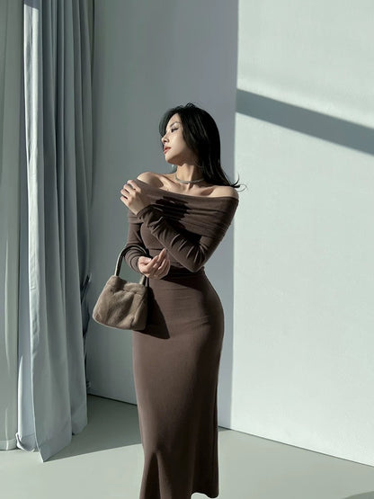 Spring, Autumn, and Winter French Queen's Tubeless One-shoulder Dress with Straps, Off-the-shoulder, Tight Fishtail, Slim-fitting Hip Skirt