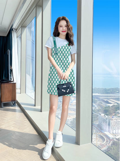 Spliced green petite dress for women summer new 2024 casual high-end slim skirt women's summer wear