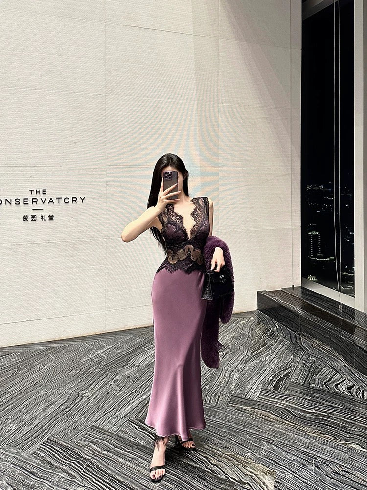 For Fay Goddess of Beauty is Coming Purple/Super Heavy Duty Satin Splicing Lace V-neck Sexy Hip-pack Dress